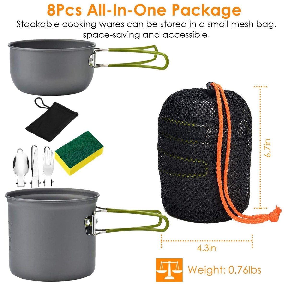 8-Piece Lightweight Camping Cookware Set - Aluminum Pots & Foldable Utensils — pots, multi-item