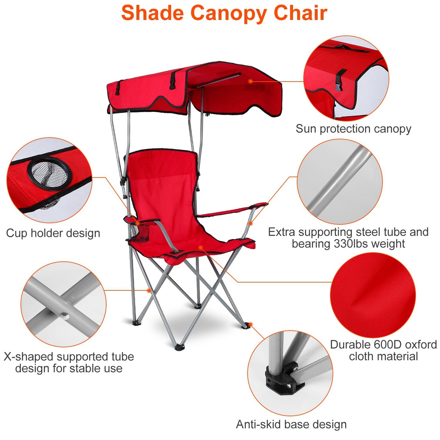 Red Foldable Canopy Camping Chair with Cup Holder