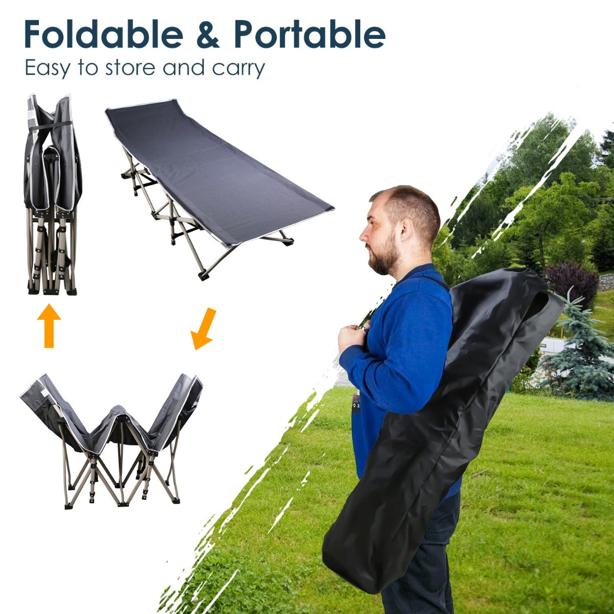 Portable camping cot with storage bag, shown being carried by a person outdoors.