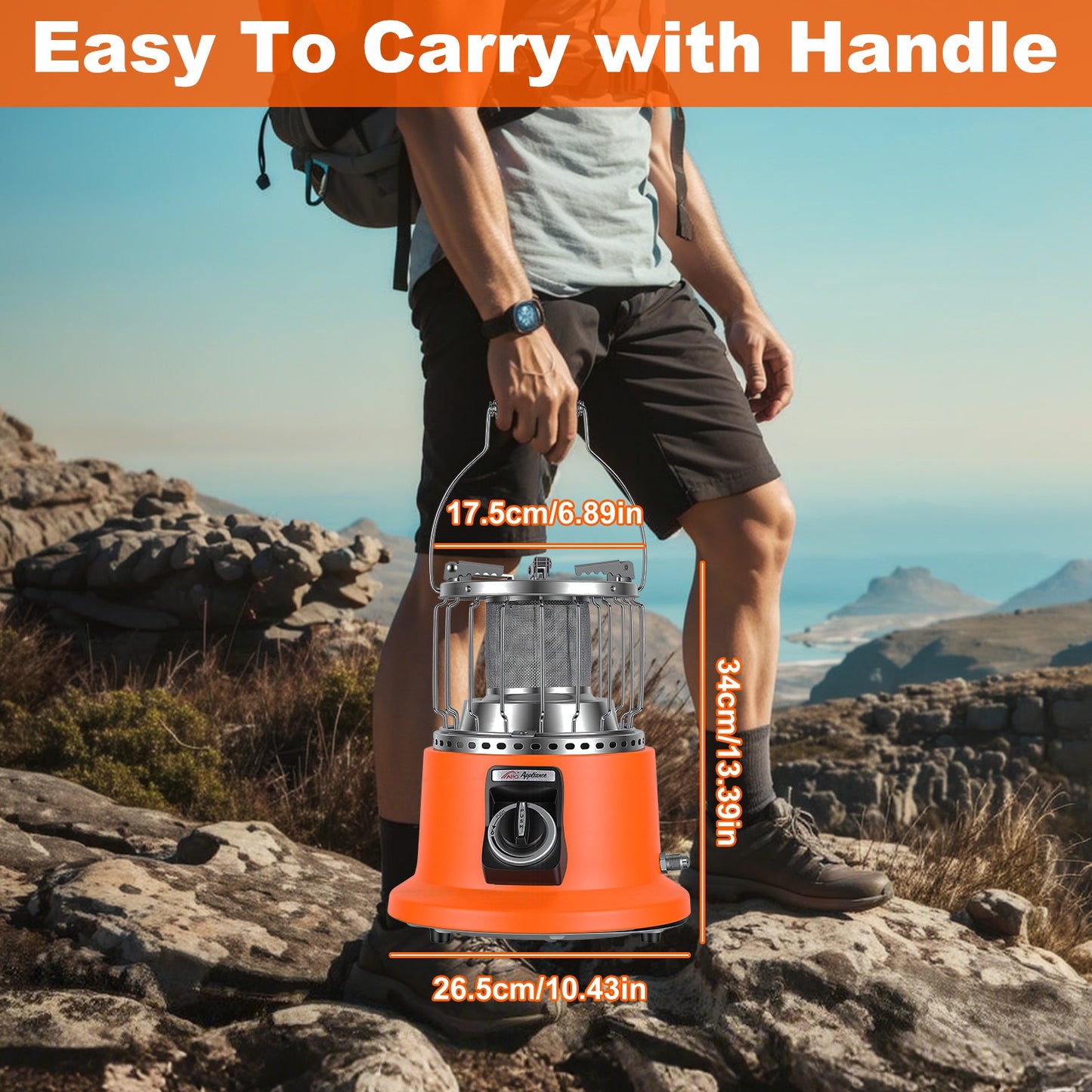 Orange camping lantern with handle held by a person in a mountainous landscape