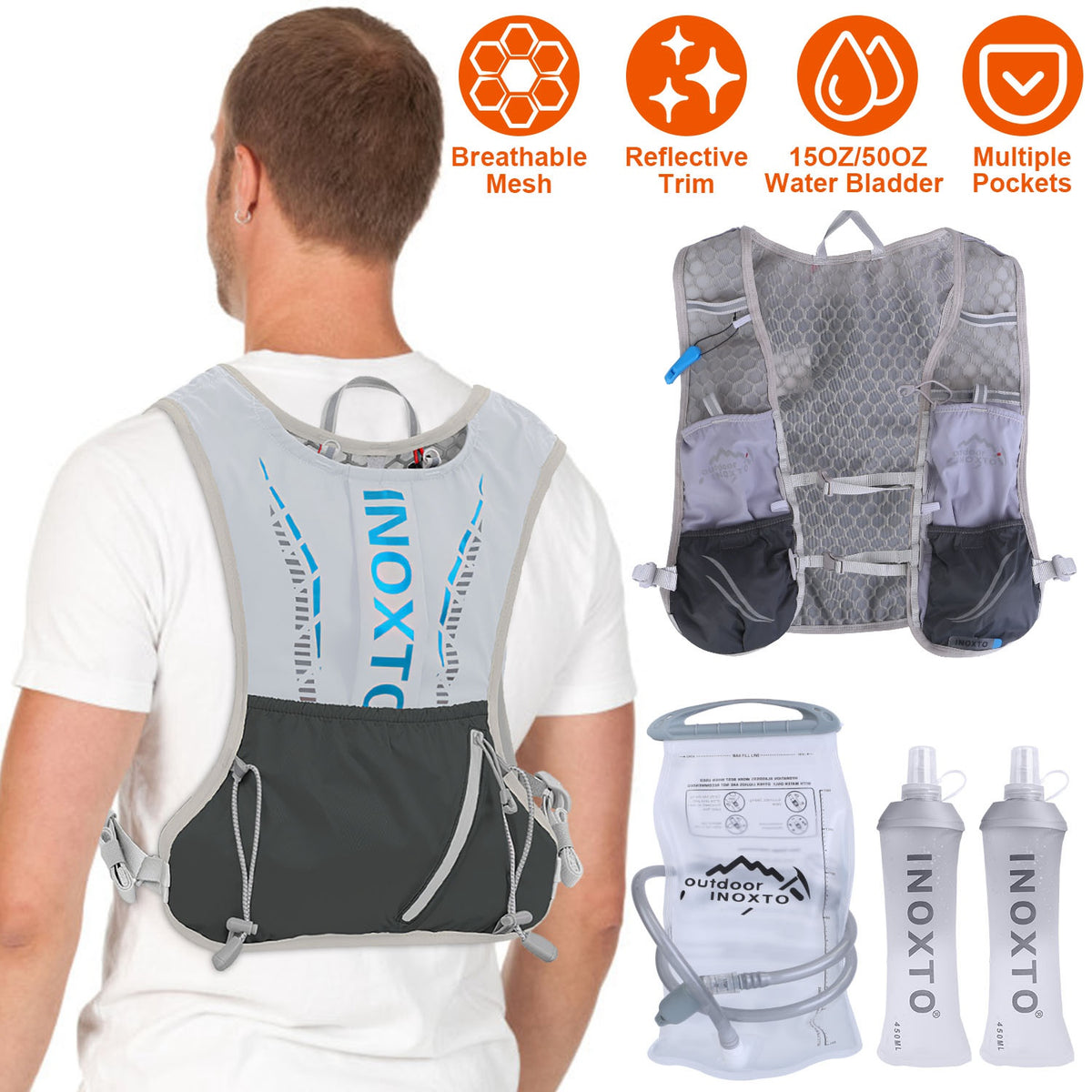Hydration vest with water bladder and accessories on a white background