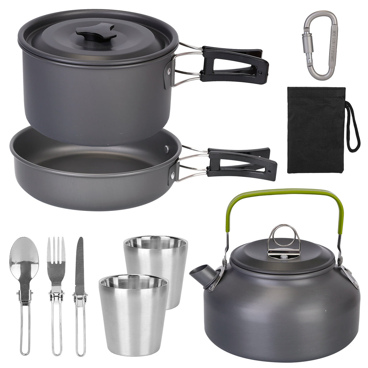 Camping cookware set with pots, pans, kettle, and utensils on a white background