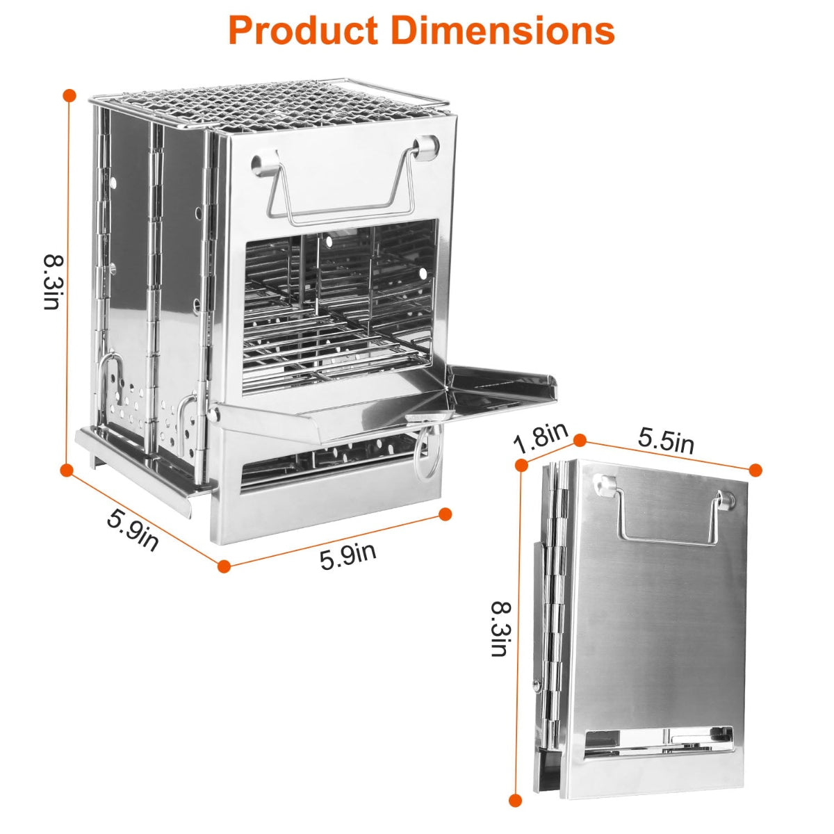 Stainless steel grill with dimensions labeled on a white background