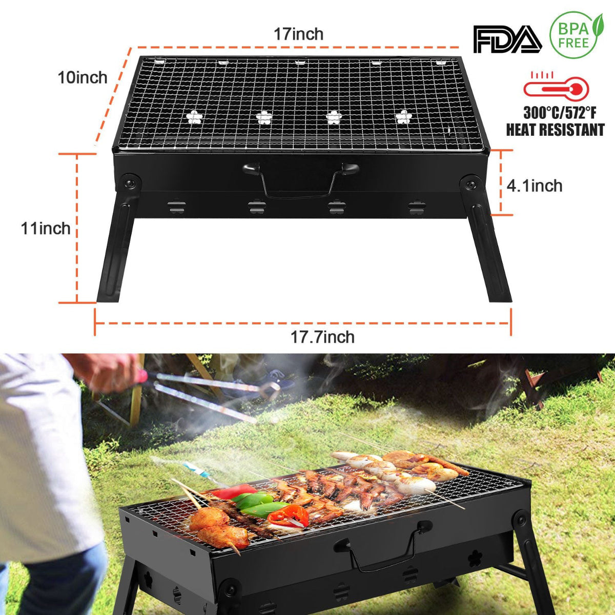 Portable grill with dimensions and cooking scene on grass