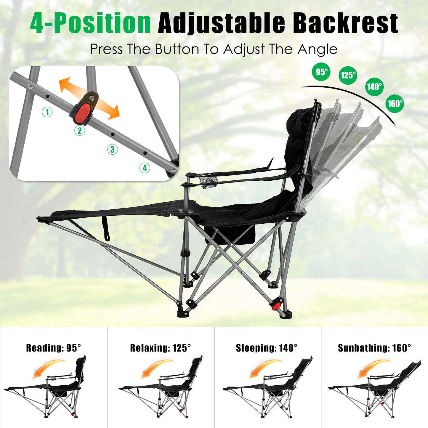 Lake Forest Black Reclining Camping Chair with Detachable Footrest