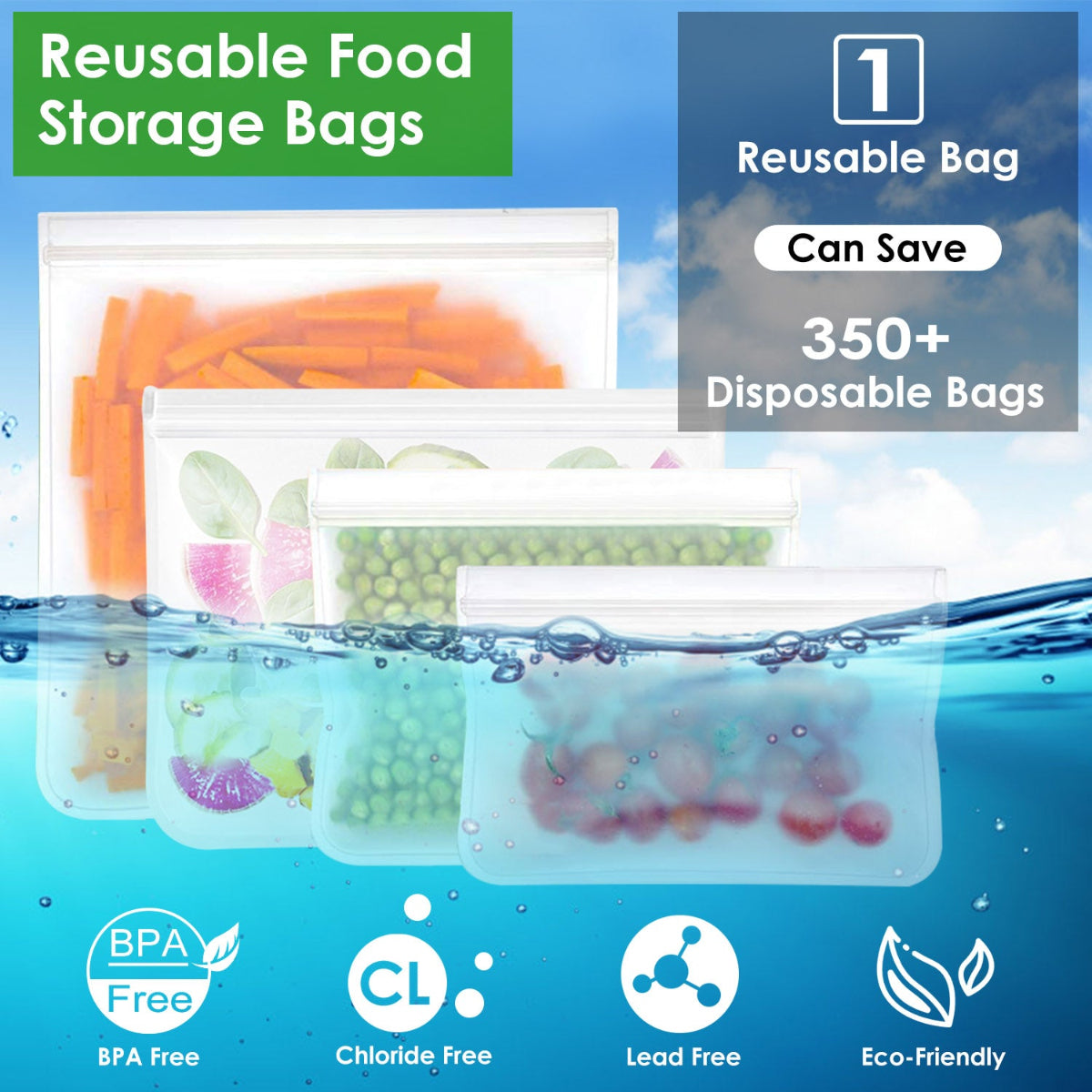 Reusable food storage bags with a blue background and text highlighting benefits.
