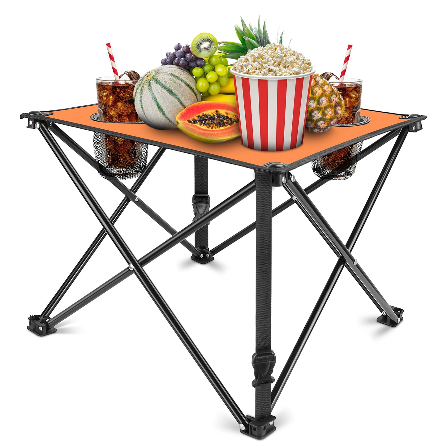 Lake Forest Orange Portable Folding Camping Table with 2 Cup Holders