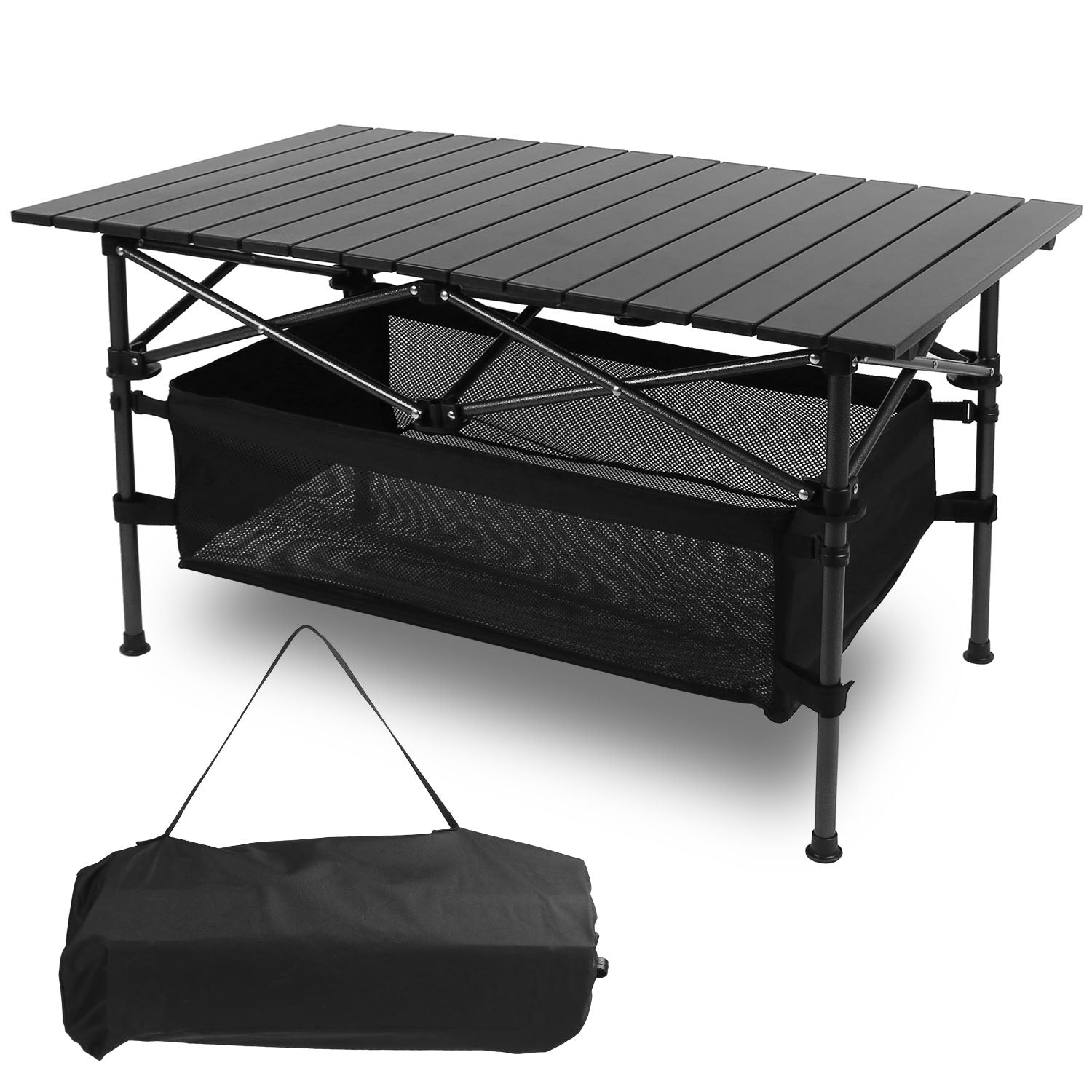 Black folding camping table with storage compartment and carrying bag on a white background
