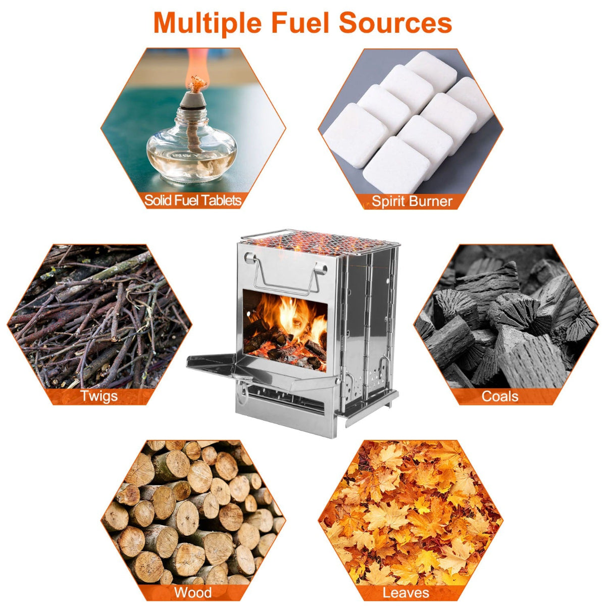 Collage of people in various outdoor activities with a portable stove in the center.