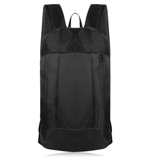A black fabric backpack with padded shoulder straps, a top carry loop, and a vertical zippered pocket on the front, shown against a plain white background.