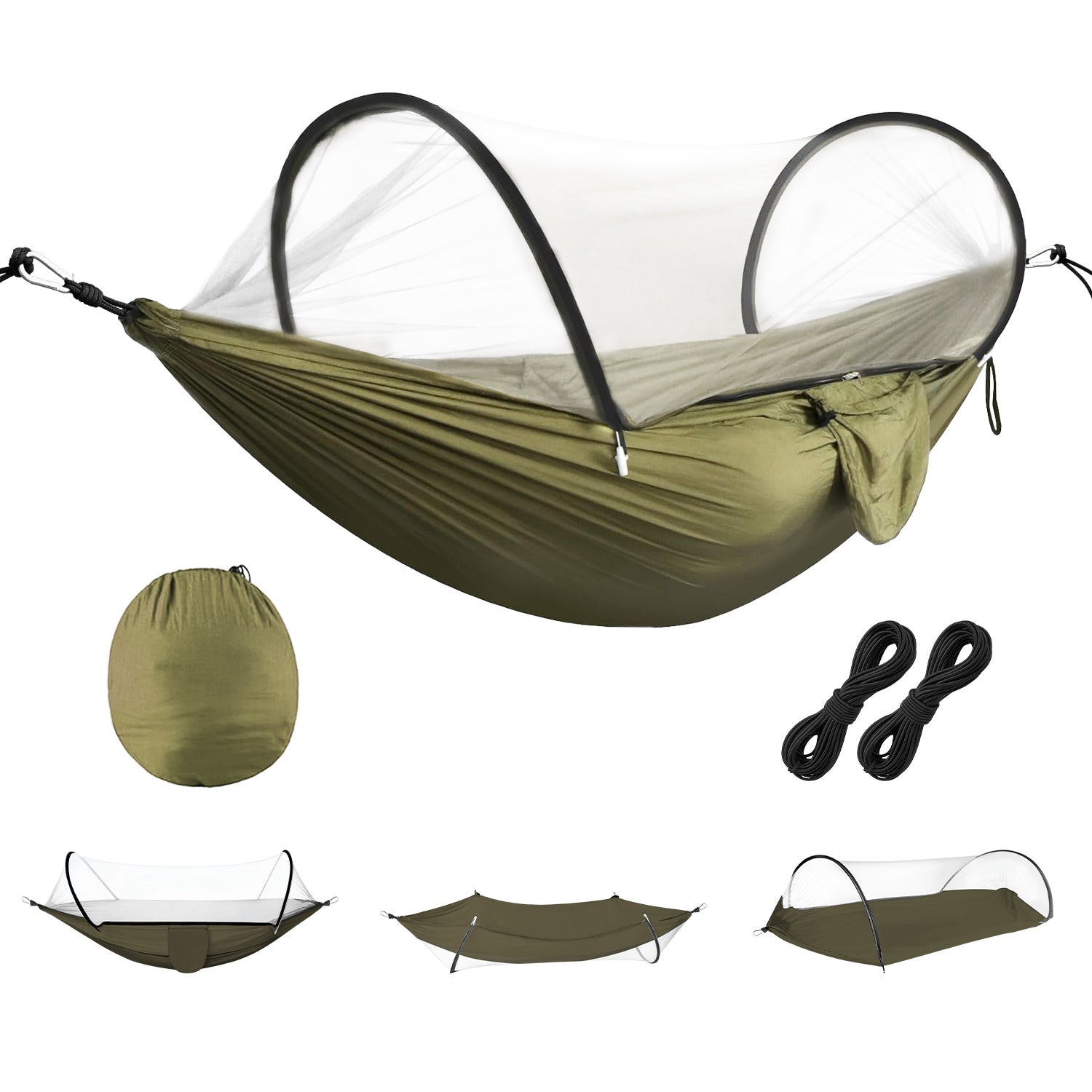 Green camping hammock with canopy, carrying bag, and ropes on a white background