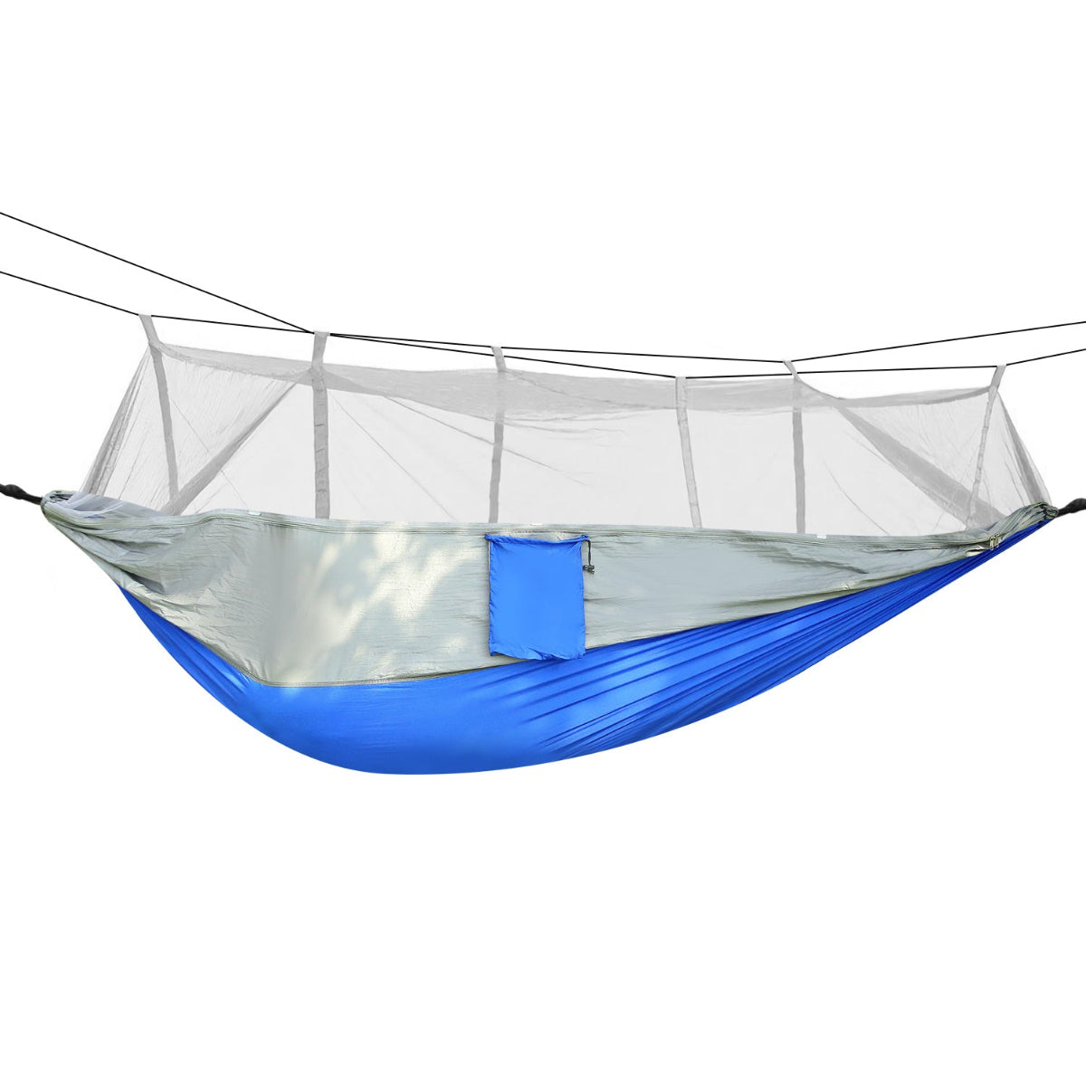 Blue hammock with mosquito net on a white background