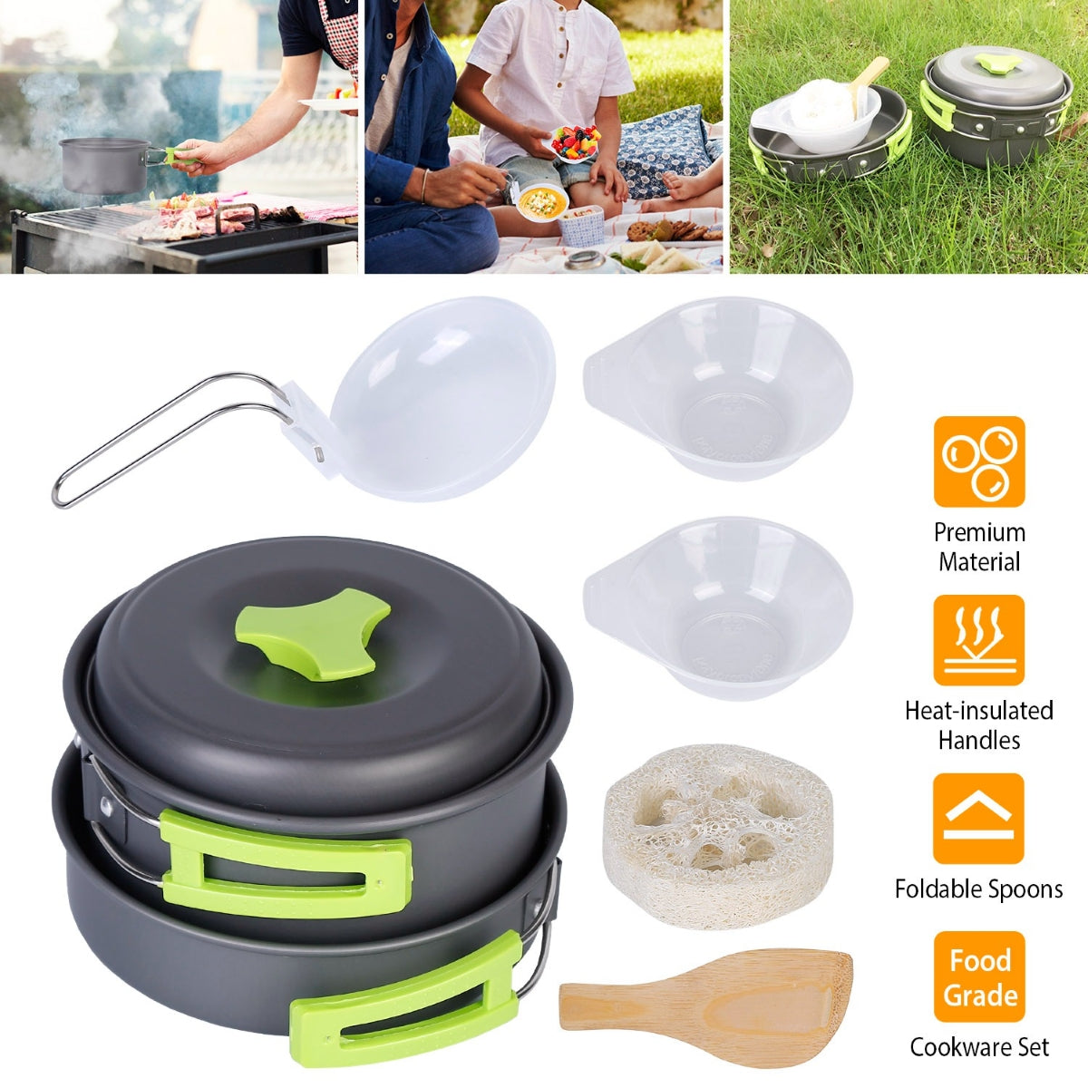 Camping cookware components arranged together on white background