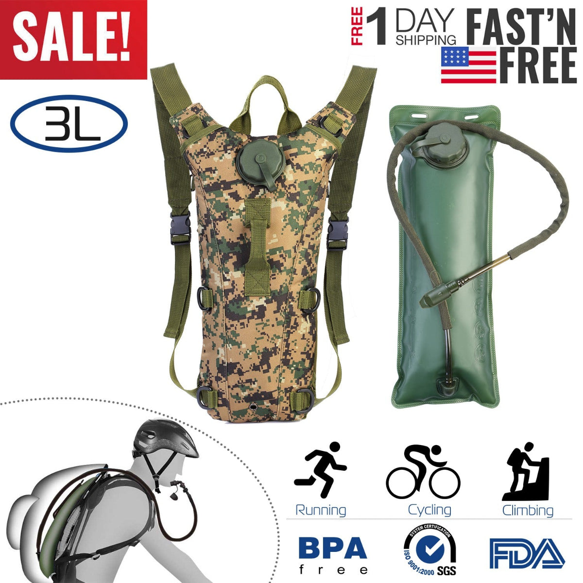 Camouflage hydration backpack with green bladder, sale banner, and icons for various activities.