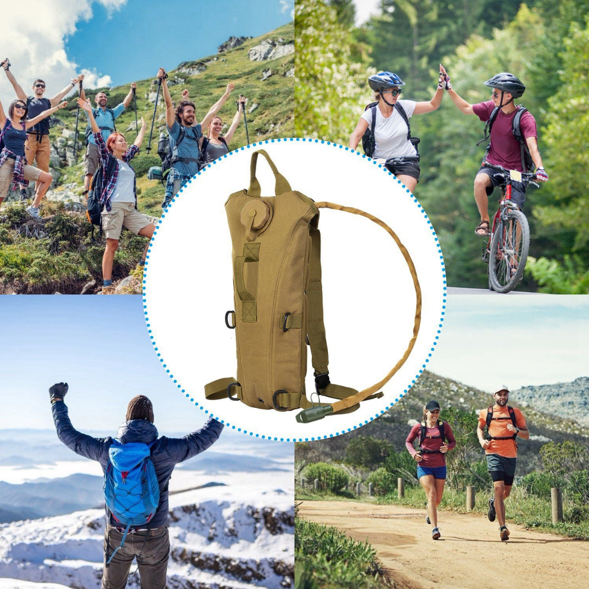 Collage of people outdoors with a focus on a hydration pack.