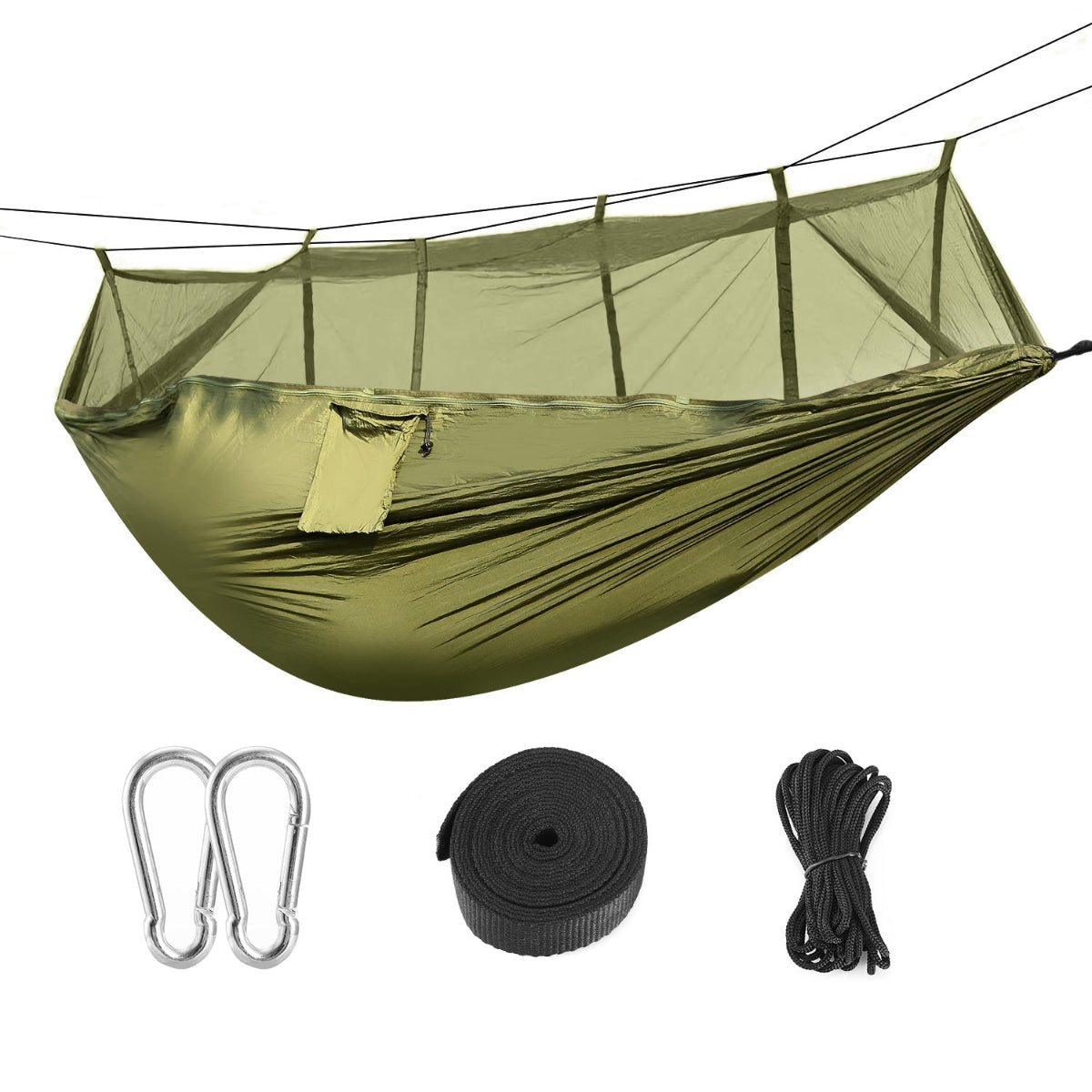 Green hammock with accessories including carabiners, a strap, and rope on a white background