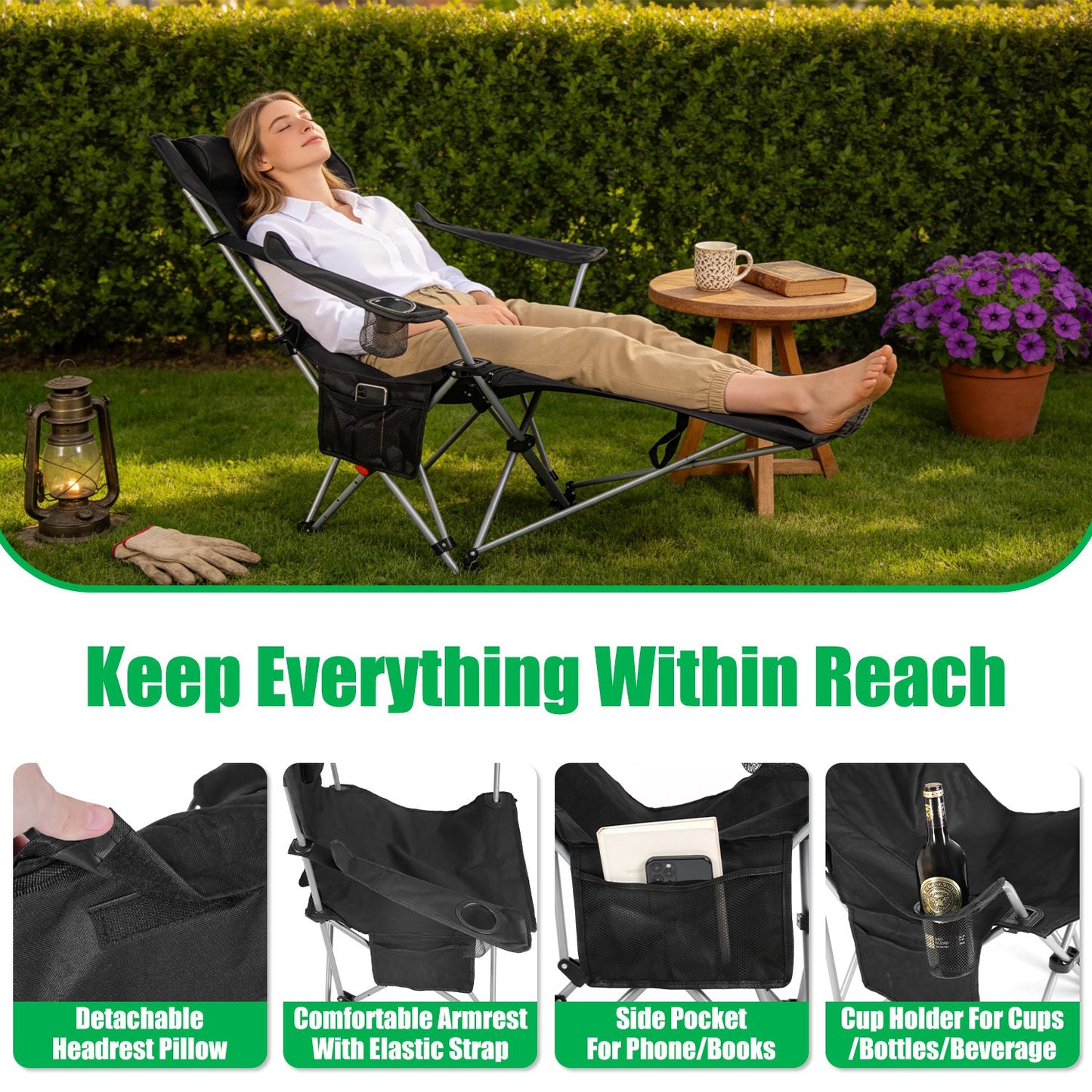 Lake Forest Black Reclining Camping Chair with Detachable Footrest
