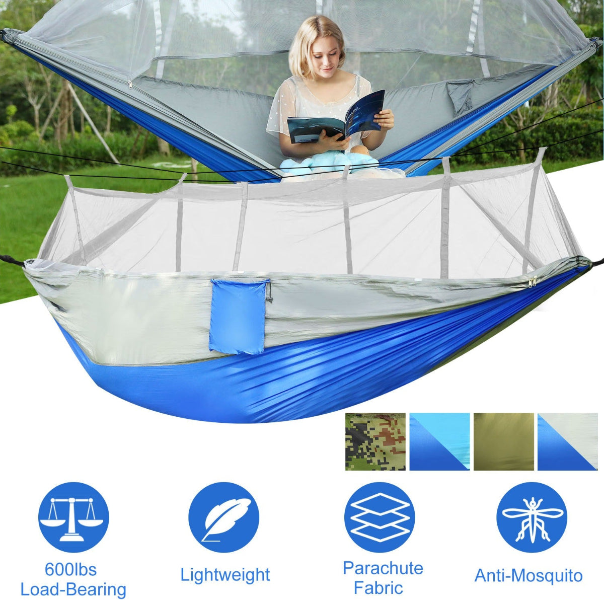 Blue and gray hammock with mosquito net, person reading a book outdoors.