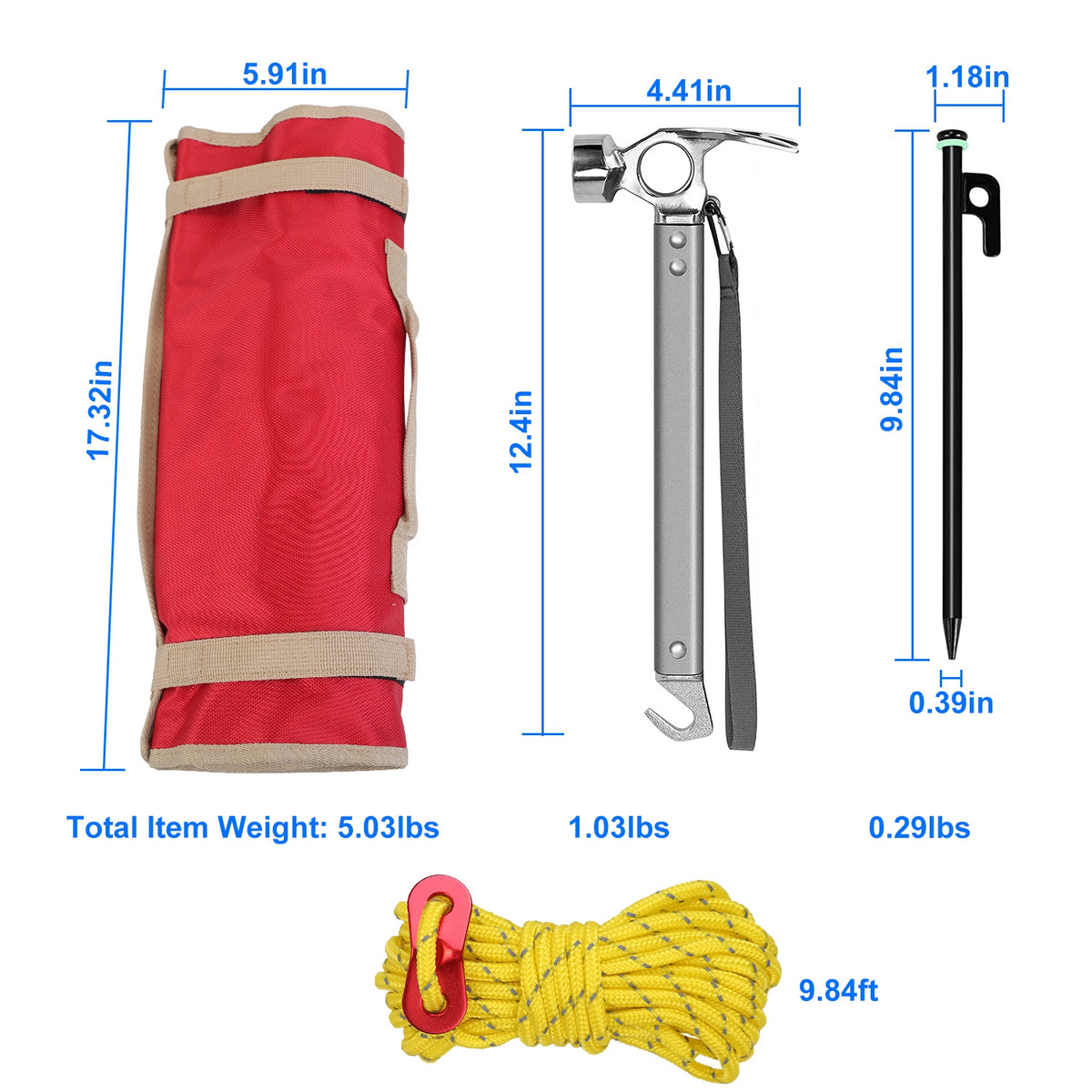 Measurement chart of camping gear including a red sleeping bag, hammer, tent stake, and yellow rope with measurements and weights.