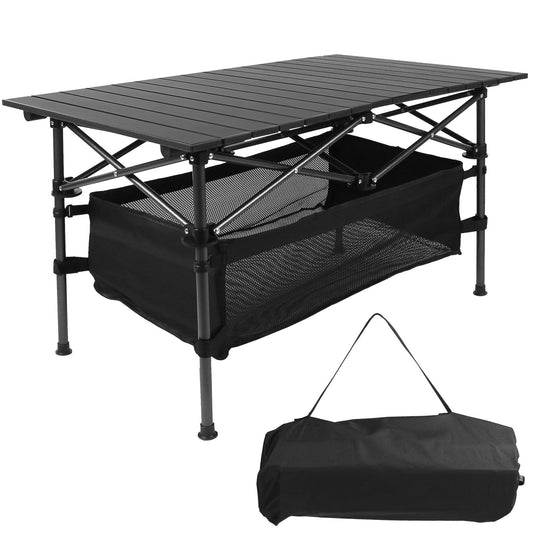 Black folding camping table with storage compartment and carrying bag on a white background