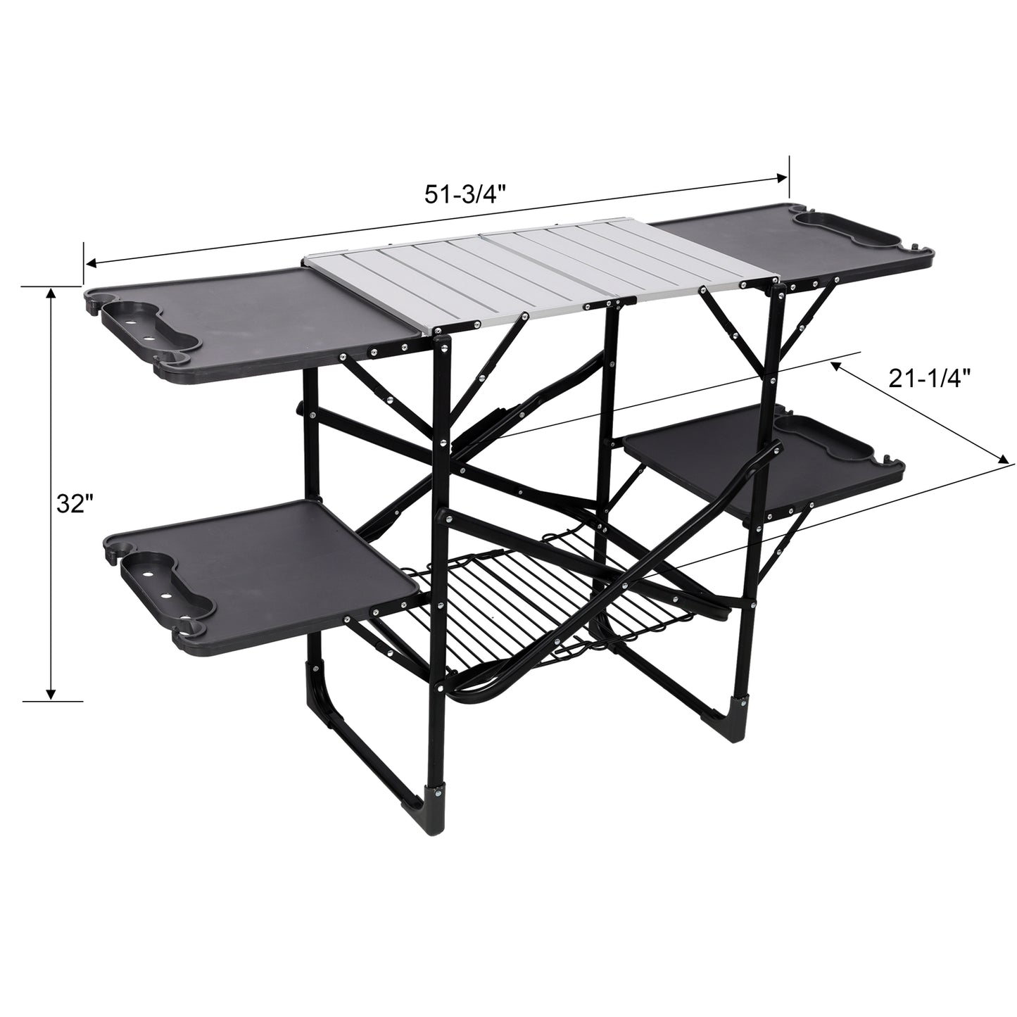 Black Folding Camping Kitchen Table with 4 Side Tables & Storage Rack