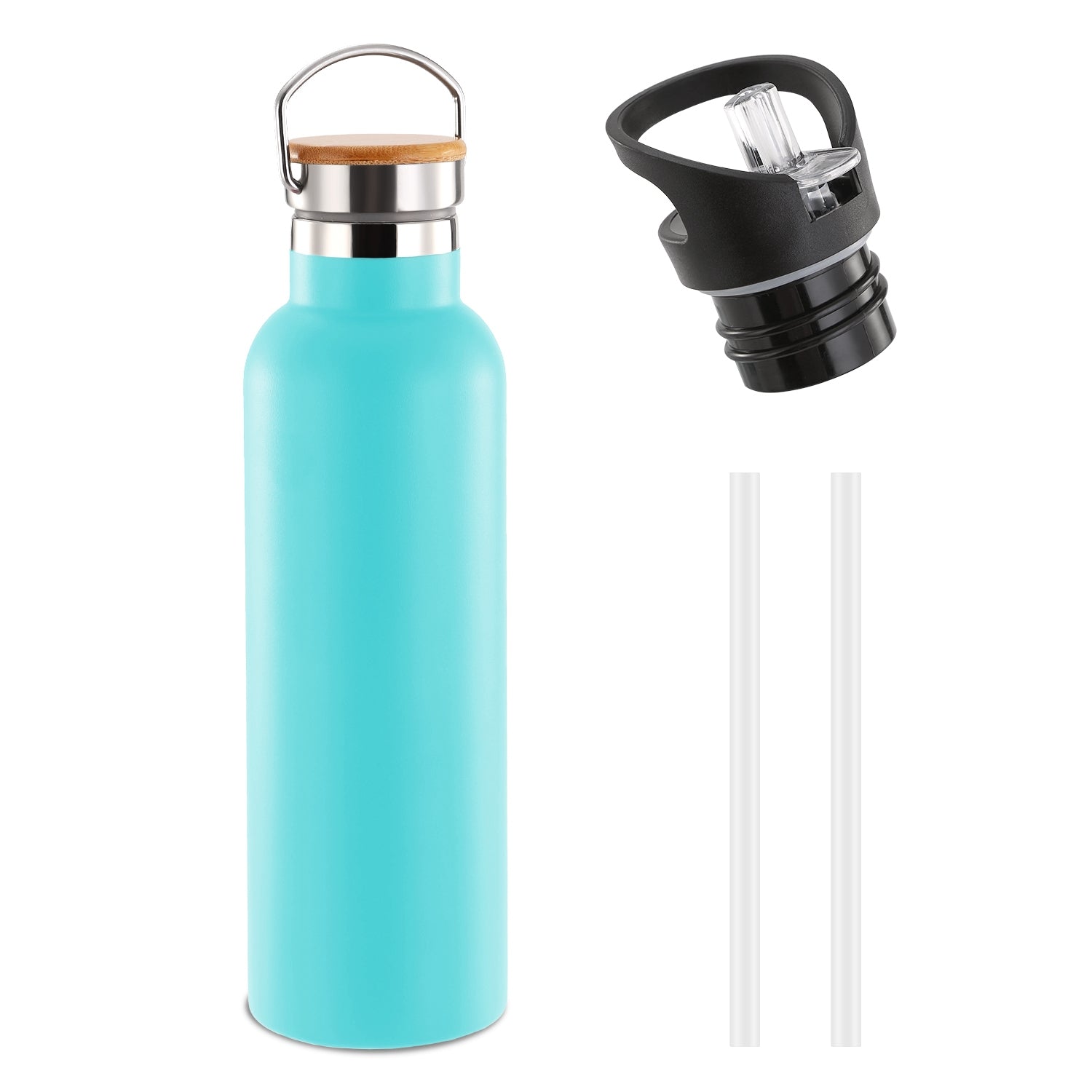 Turquoise water bottle with bamboo cap, black spout, and two white straws on a white background