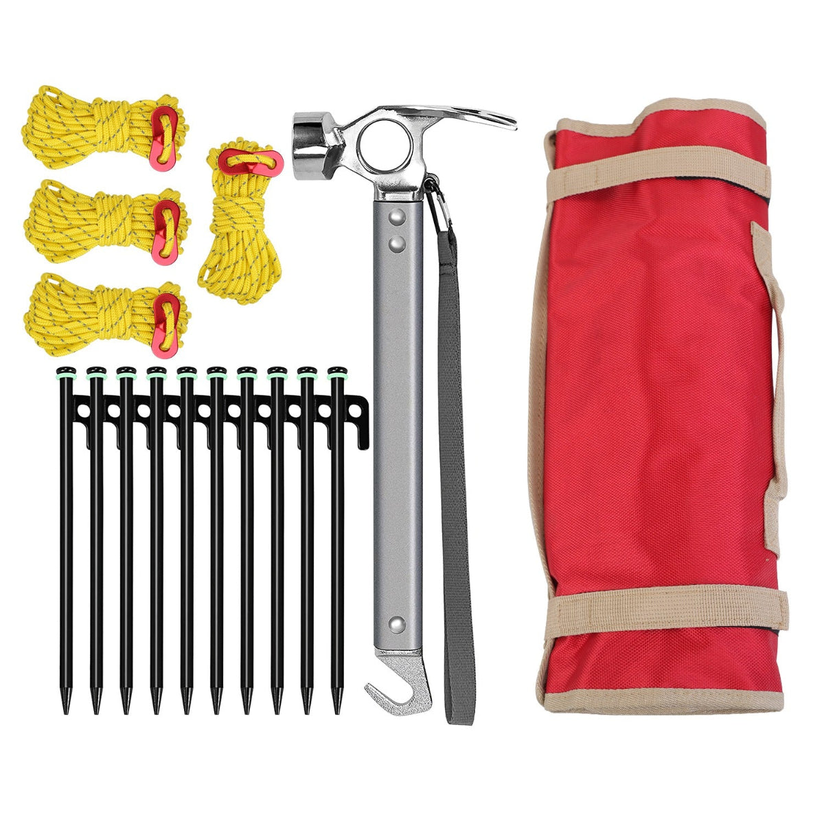 Set of camping tools including a hammer, tent stakes, rope, and a red carrying bag on a white background.