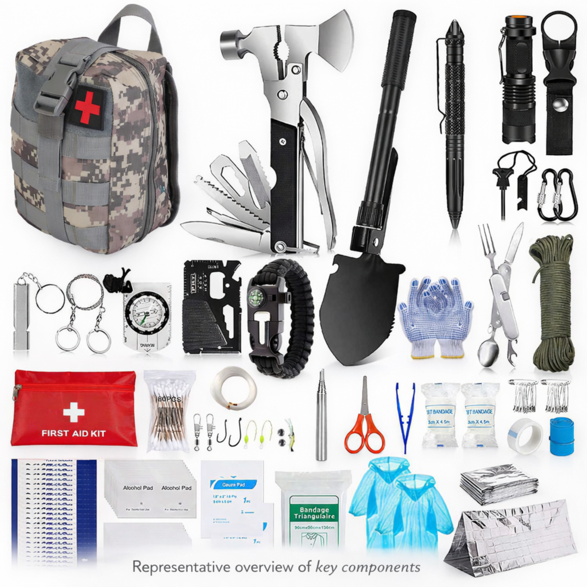 Collection of survival tools and equipment including a camouflage backpack, first aid kit, and various tools on a white background.
