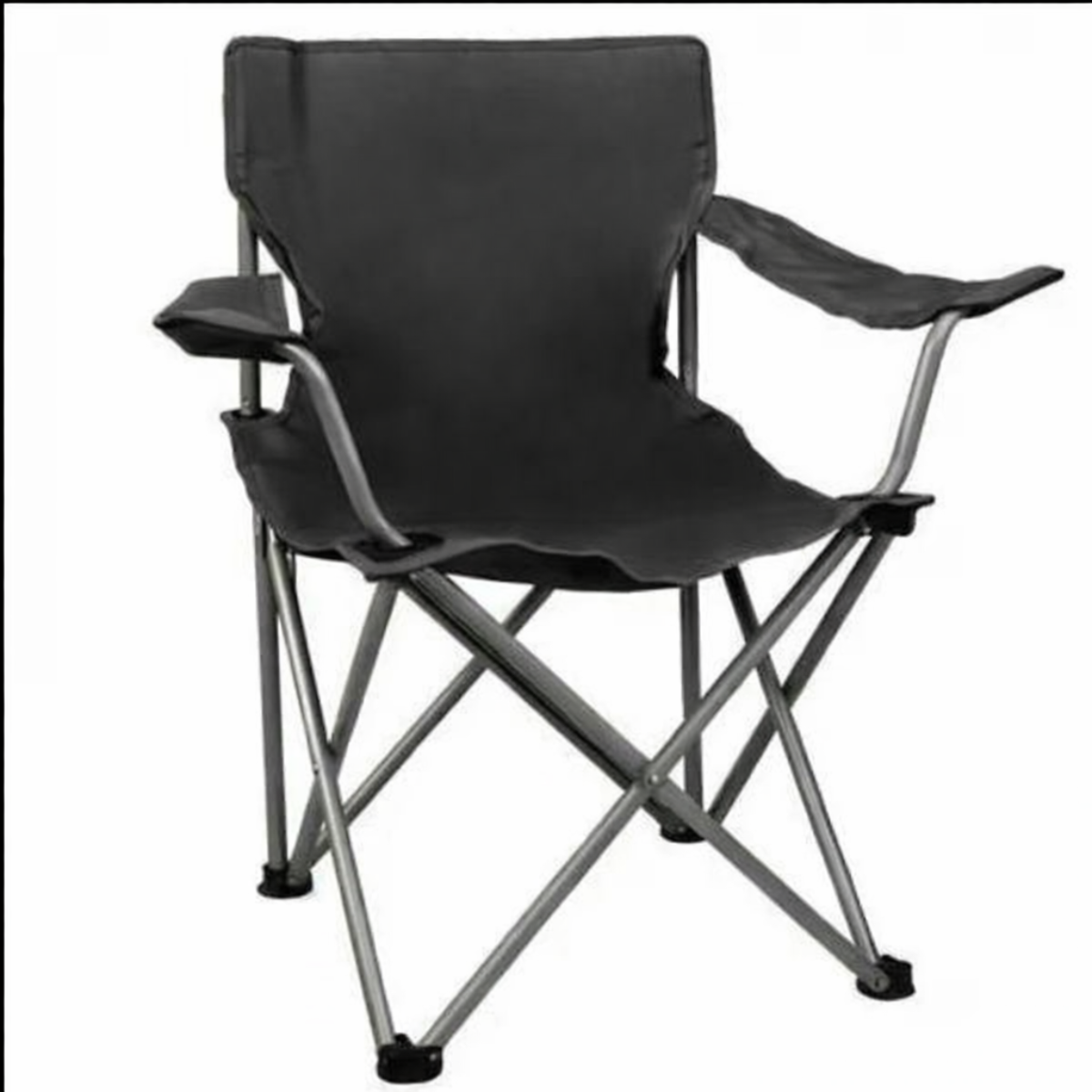 Black folding chair with metal frame on a white background