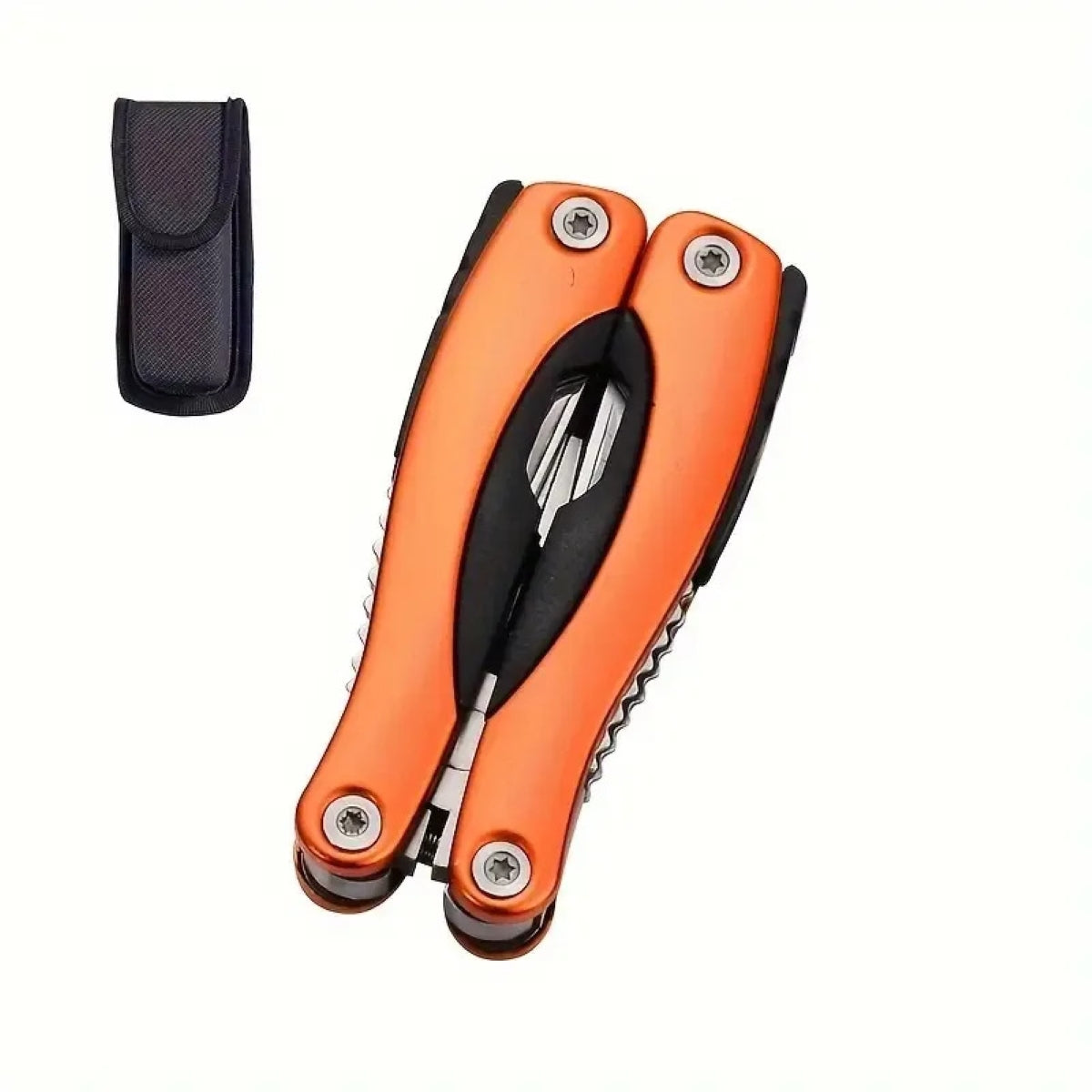 Orange multi-tool with black accents and a sheath on a white background