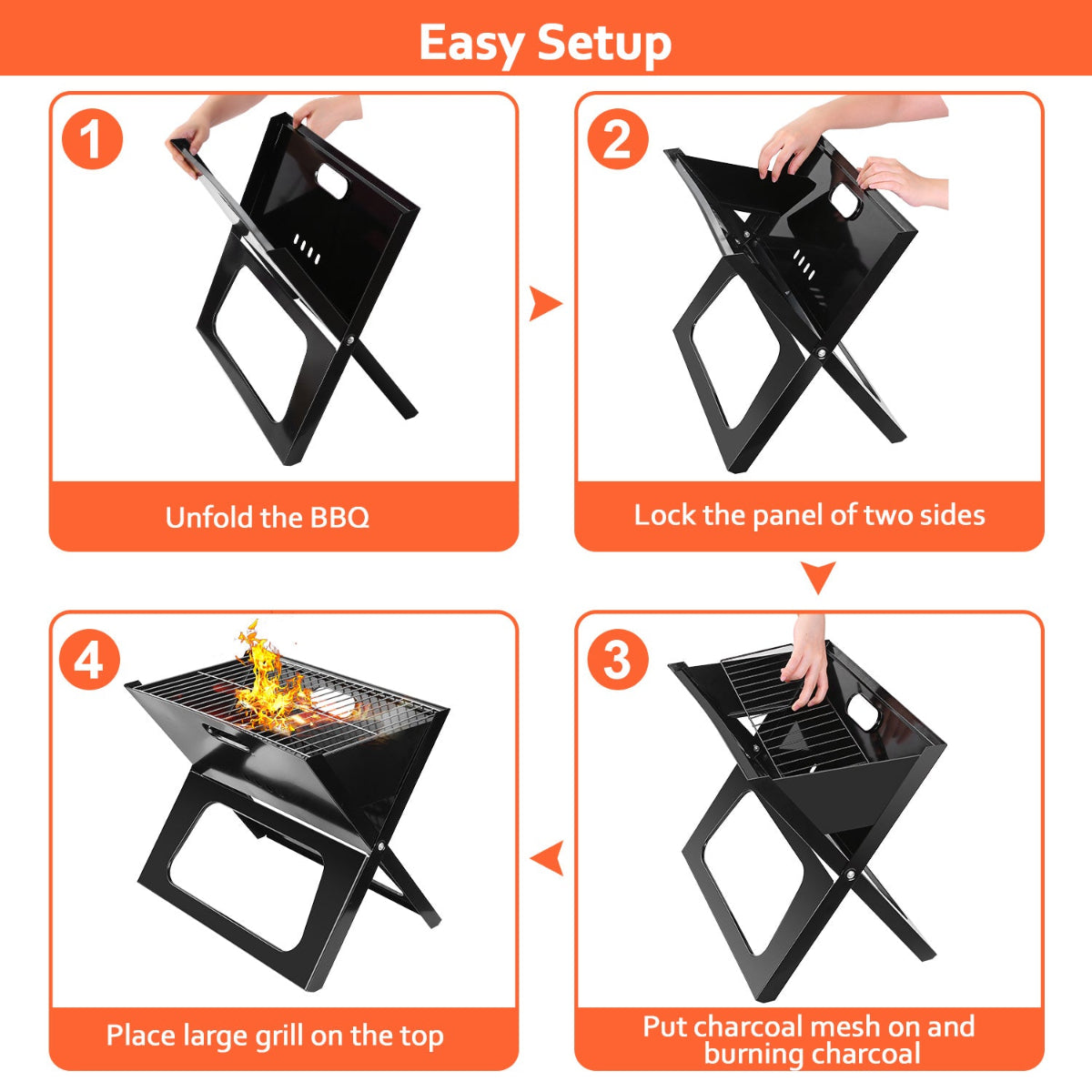 Step-by-step guide on how to set up a portable BBQ grill with orange accents.