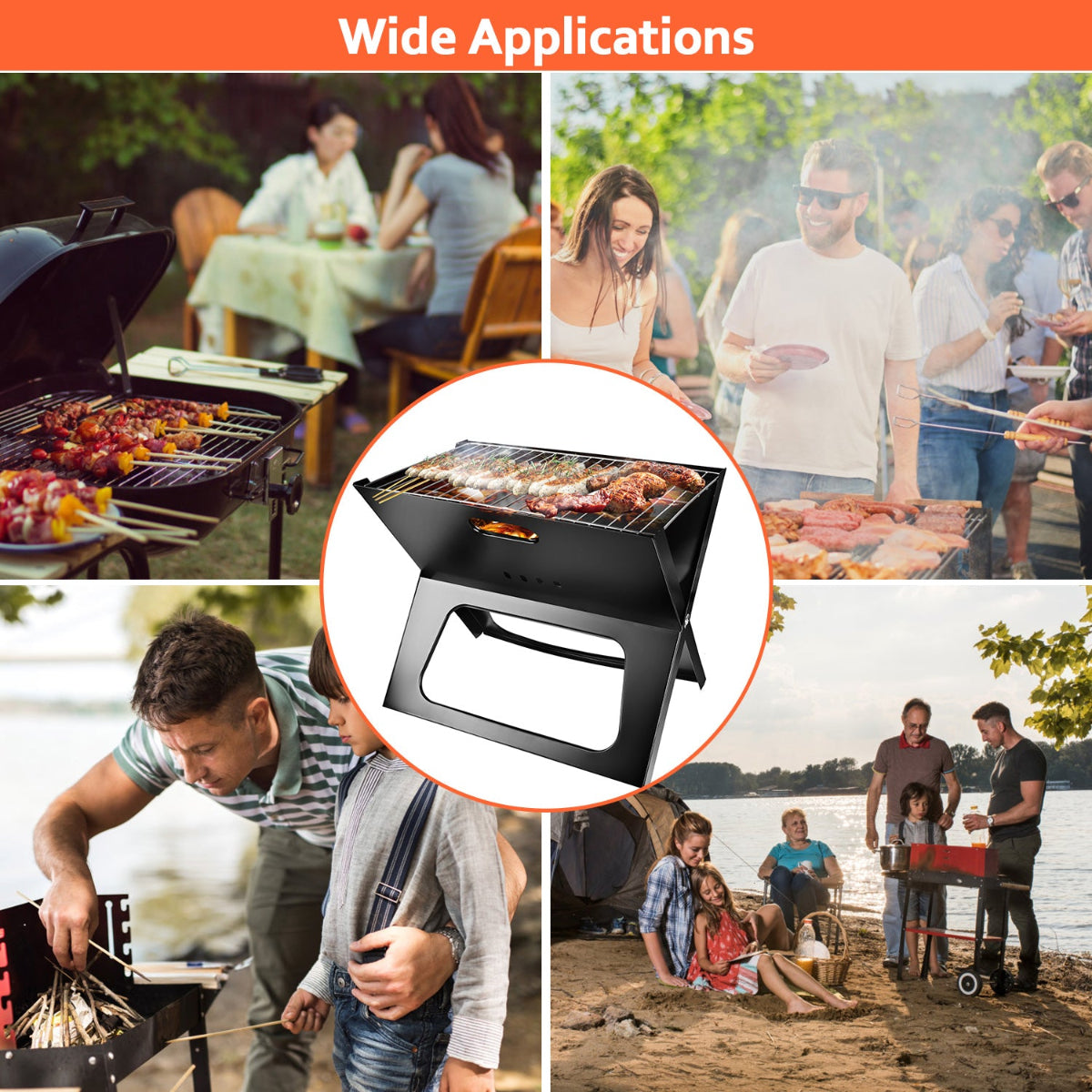 Collage of people using a portable grill outdoors with various settings.