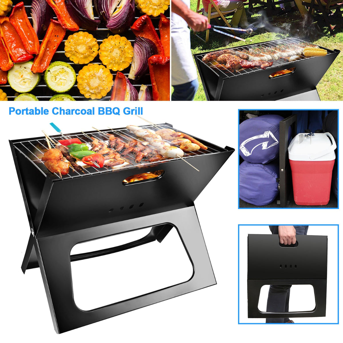 Collage of a portable charcoal BBQ grill with food, people grilling, and accessories.