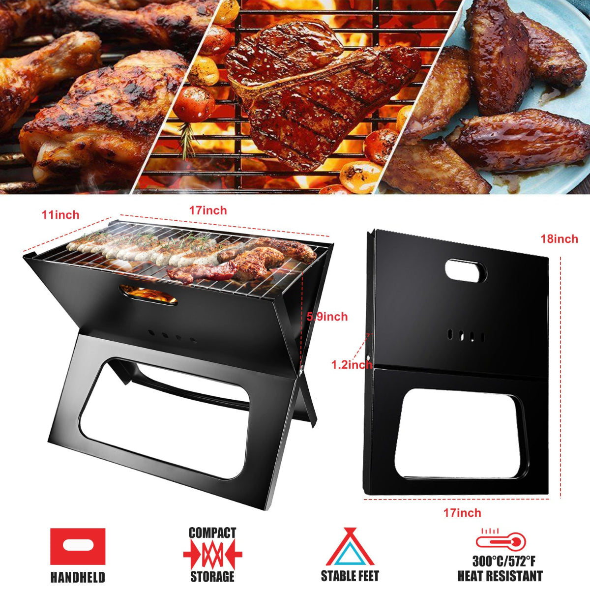 Collage of grilled meats with a handheld grill and its dimensions displayed.