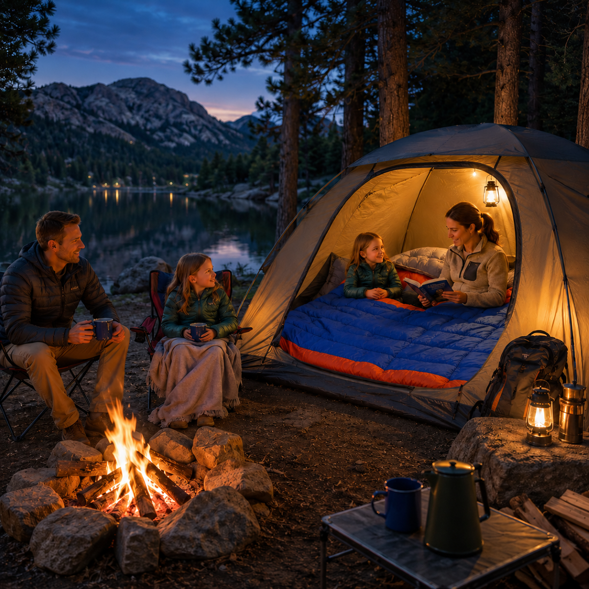 Family camping by a lake at night, around a campfire with a tent and outdoor gear.