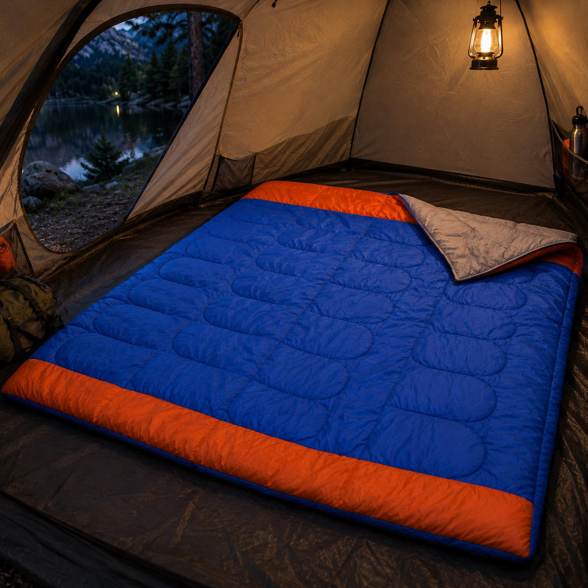 Blue and orange sleeping pad inside a tent with a view of nature outside.