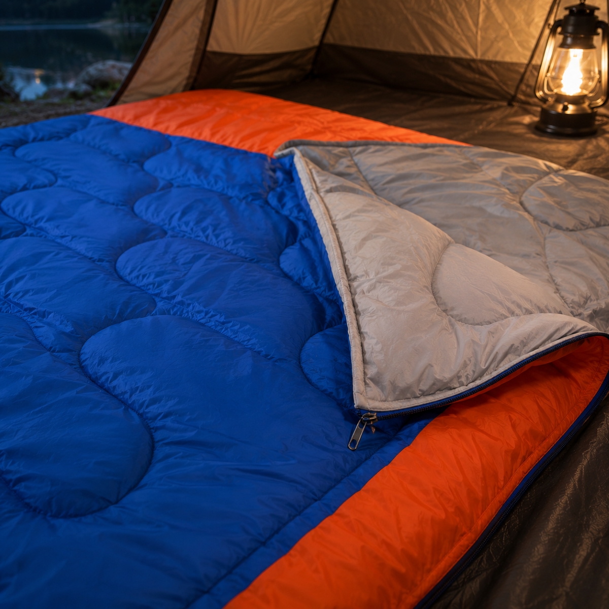 Blue and orange sleeping bag with a tent and lantern in the background