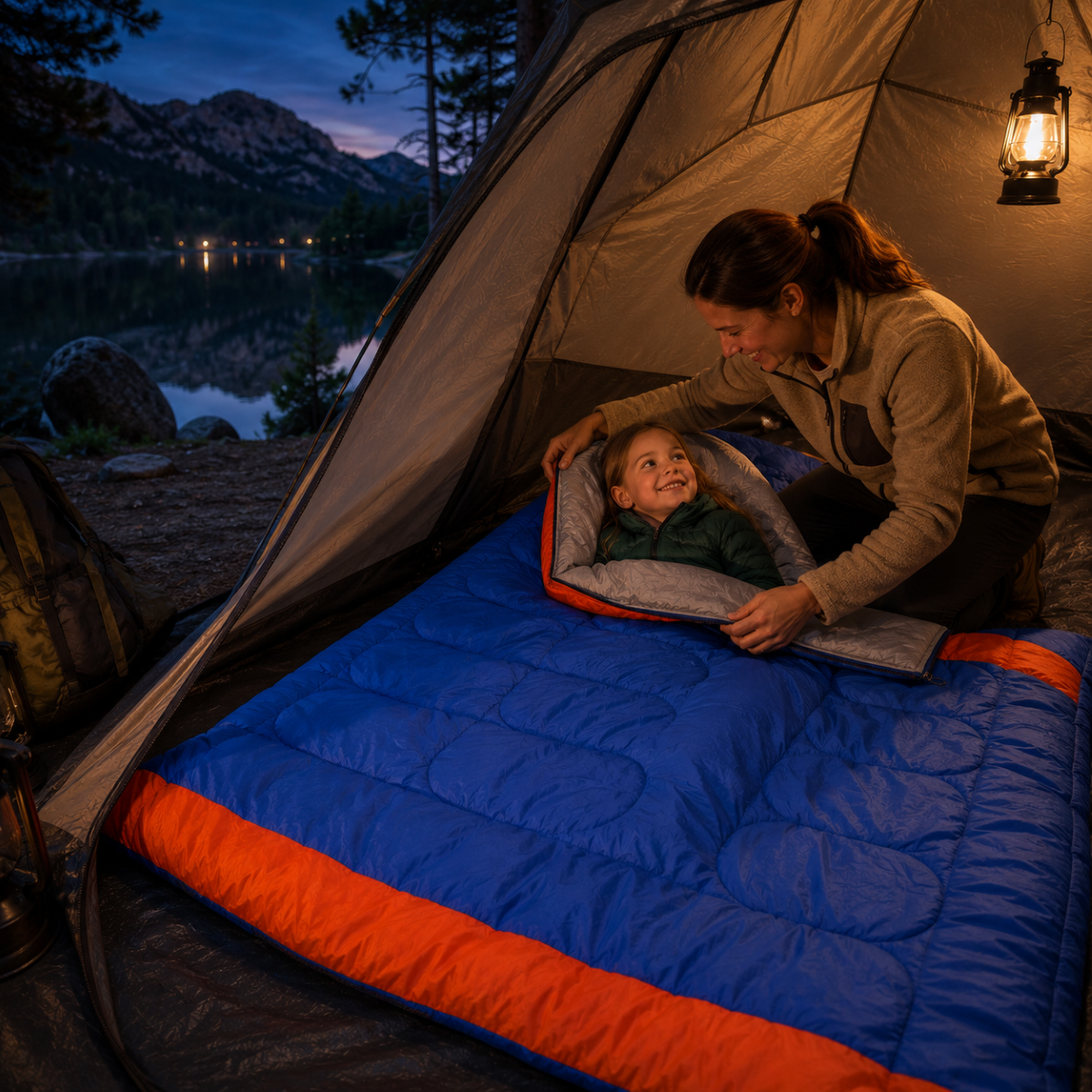 Woman and child in a tent by a lake at night