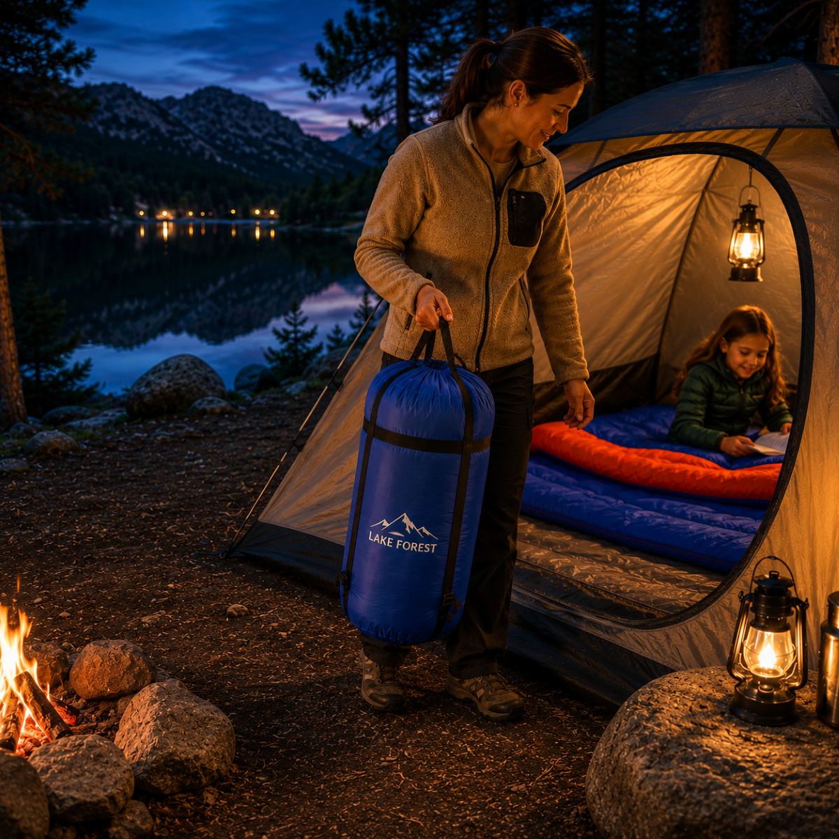 Woman holding a sleeping bag next to a tent by a campfire with a scenic lake view at night.