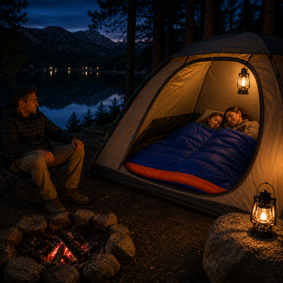Two people camping by a lake at night, sitting by a campfire next to an open tent.