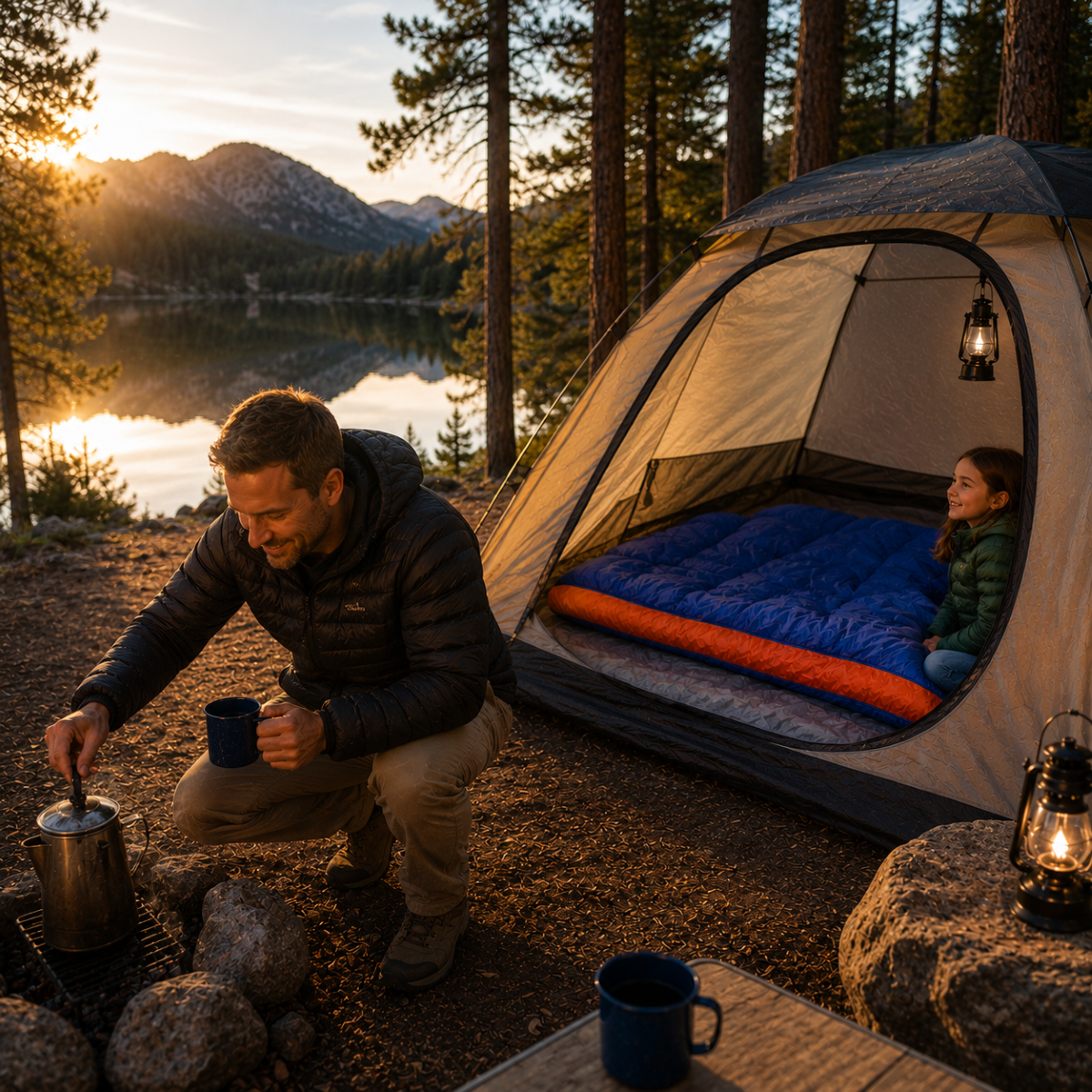 Man camping by a lake with a tent and another person inside, sunset in the background.