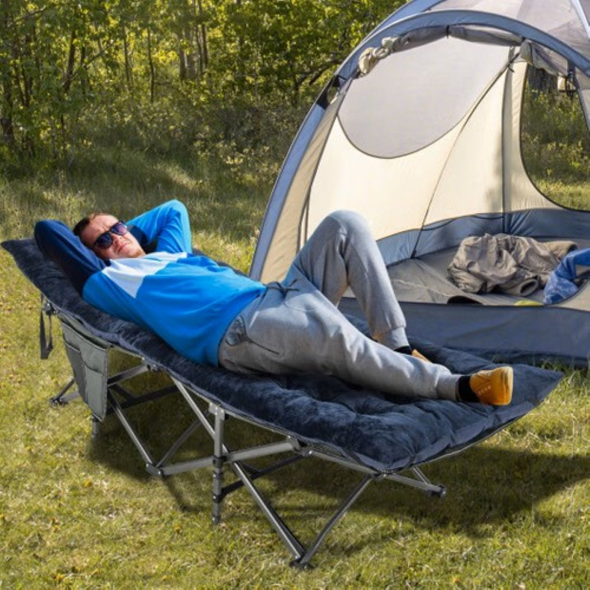 Sleeping Cot Cushion Pad – Soft Breathable Mat for Outdoor Cots (Navy/Gray) —