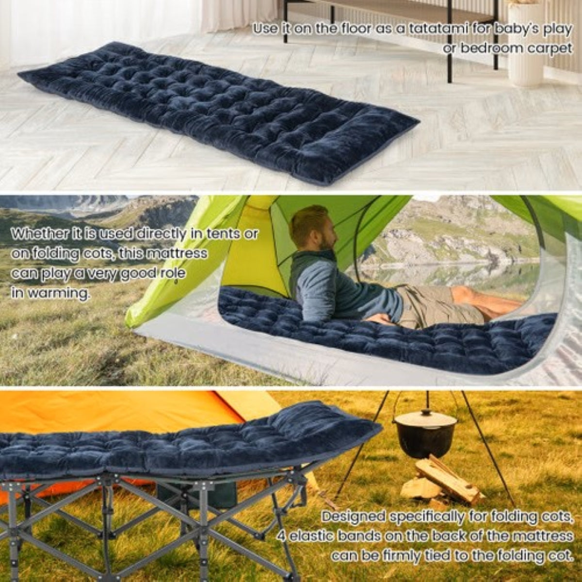 Sleeping Cot Cushion Pad – Soft Breathable Mat for Outdoor Cots (Navy/Gray) —, view 9