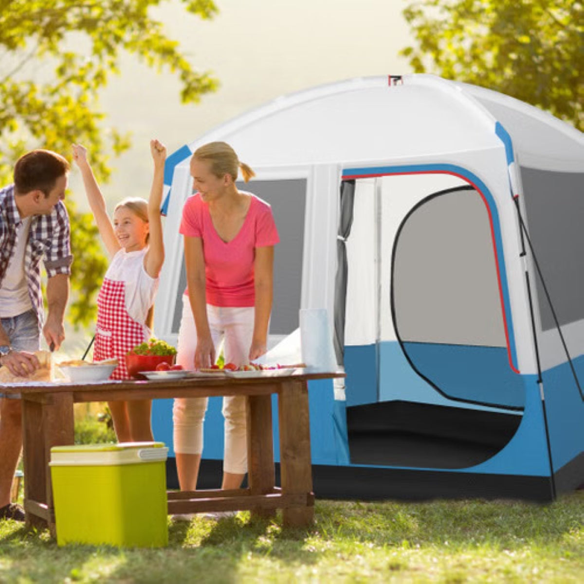 5-Person Dome Camping Tent – Waterproof Shelter with Dual Doors & Mesh Windows (Blue/White) — tents, angled view