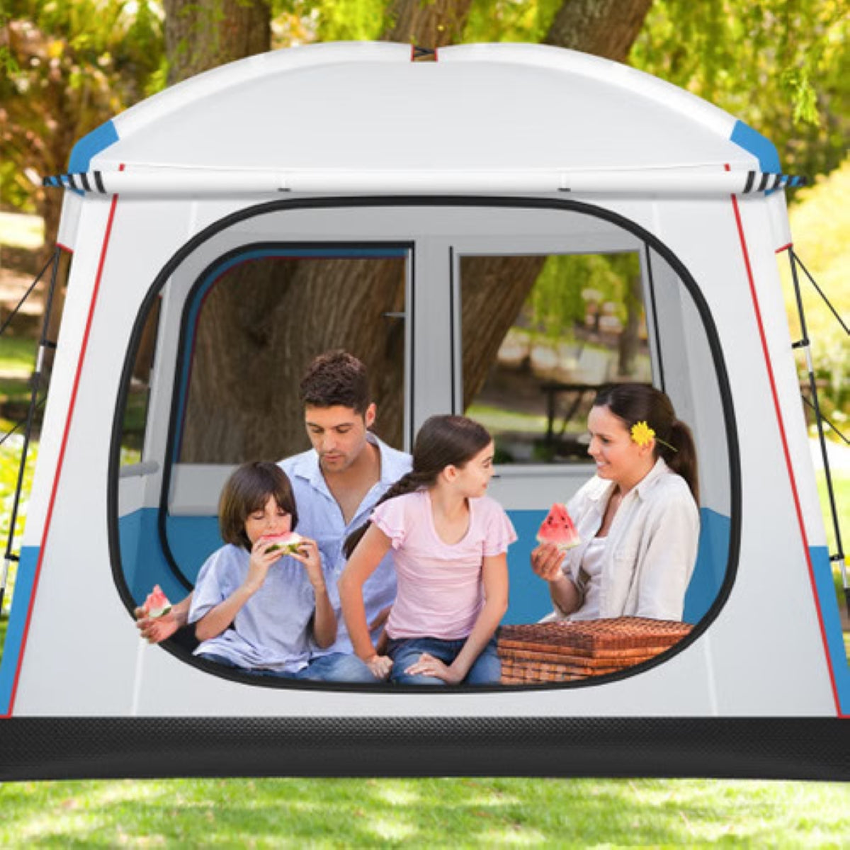 5-Person Dome Camping Tent – Waterproof Shelter with Dual Doors & Mesh Windows (Blue/White) — tents, back view