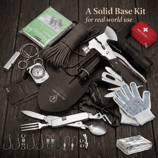 Collection of survival tools and equipment on a wooden surface with text 'A Solid Base Kit for real-world use'.