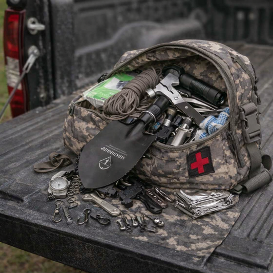 Camouflage emergency kit with tools and supplies on a truck bed