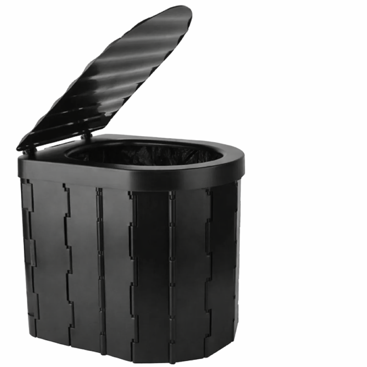 Black portable toilet with open lid on a white background