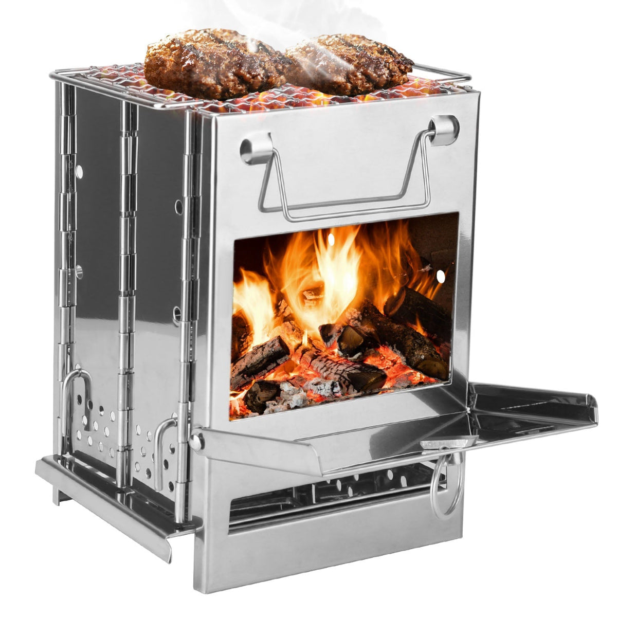 Portable stove with fire inside and food on top on a white background