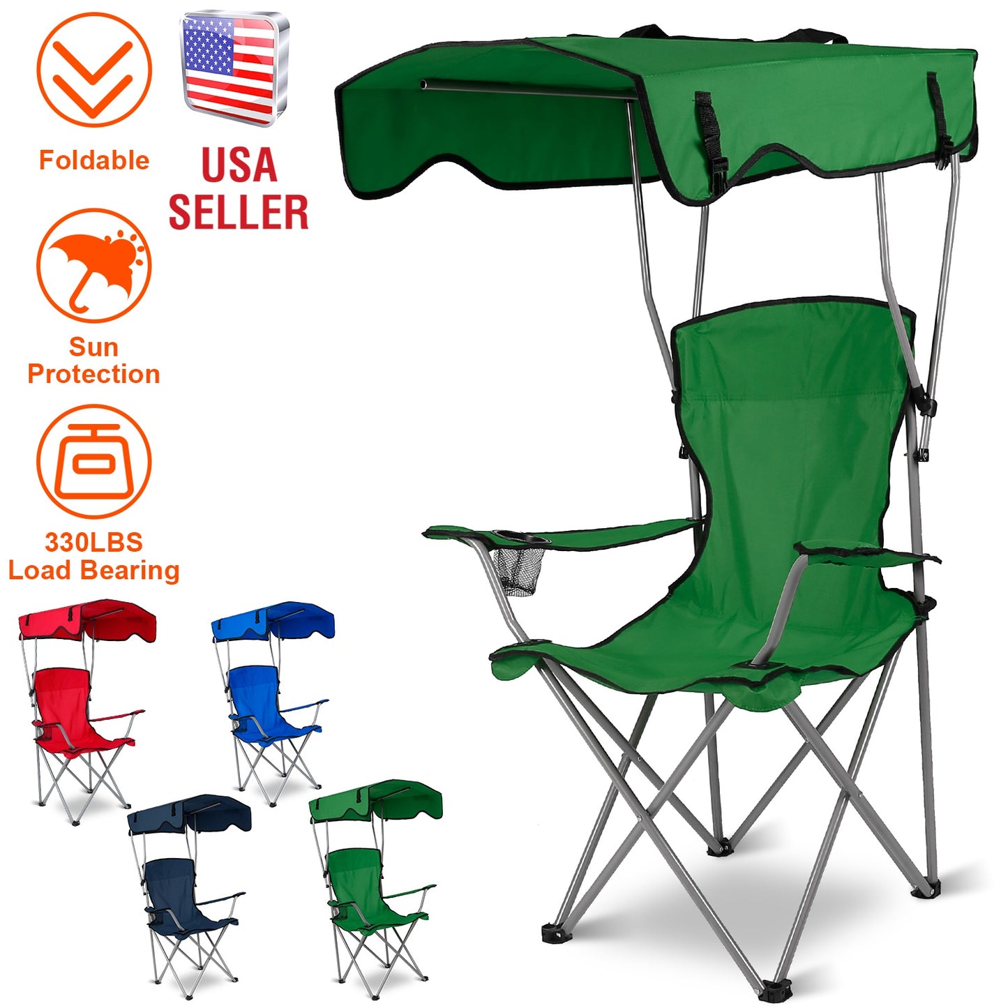 Lake Forest Green Foldable Canopy Camping Chair with Cup Holder